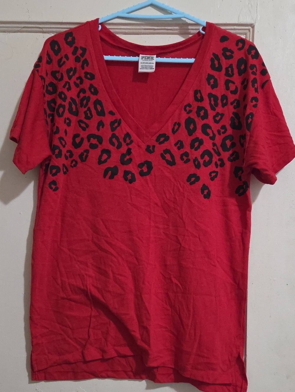 PINK Victoria's Secret Red V-Neck Tee with Black Leopard Print